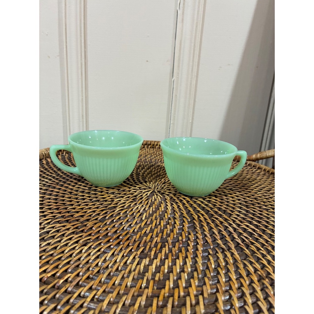 Vintage Fire-King Jadeite Jane Ray Ribbed Tea Cups Set of 2 Milk Glass Green USA